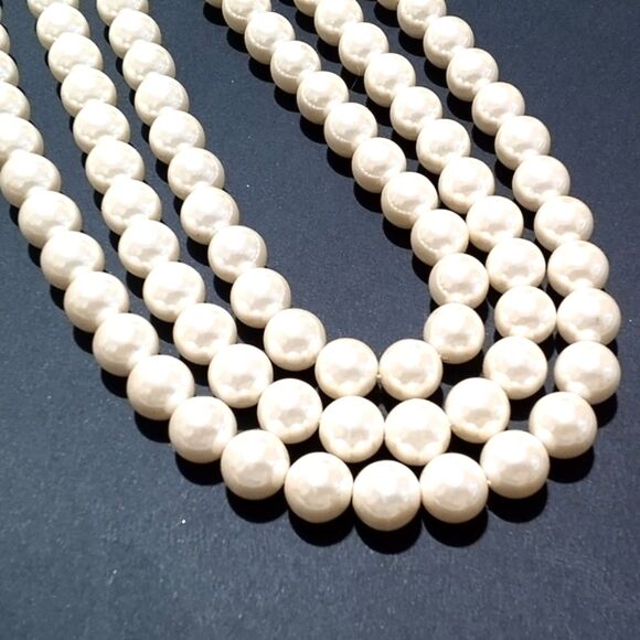 Classic Multi Strand Faux Pearl Necklace 3 Strand 10mm Beads Gold Tone Clasp - Picture 6 of 6